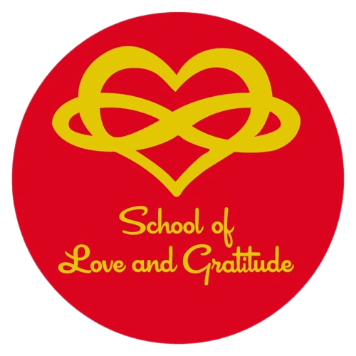 A red circle with the words school of love and gratitude written in yellow.