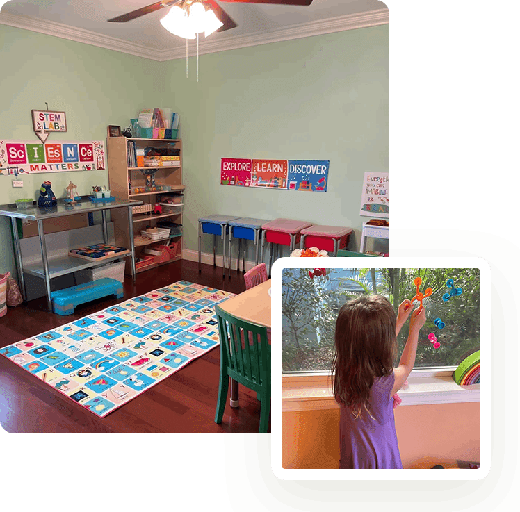 A child in a room with a rug and table.