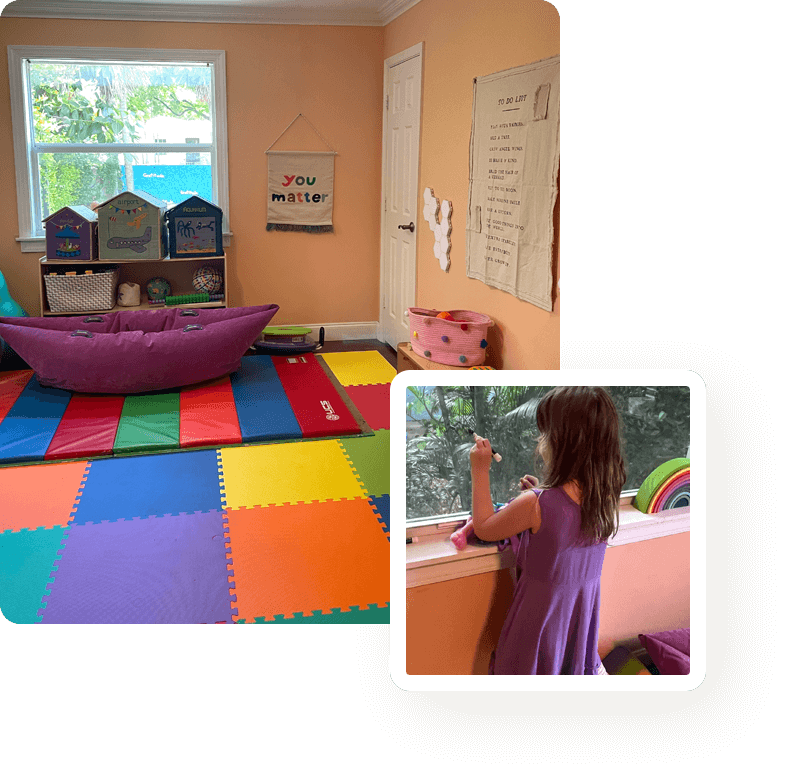 A child is playing in the room with a colorful rug.