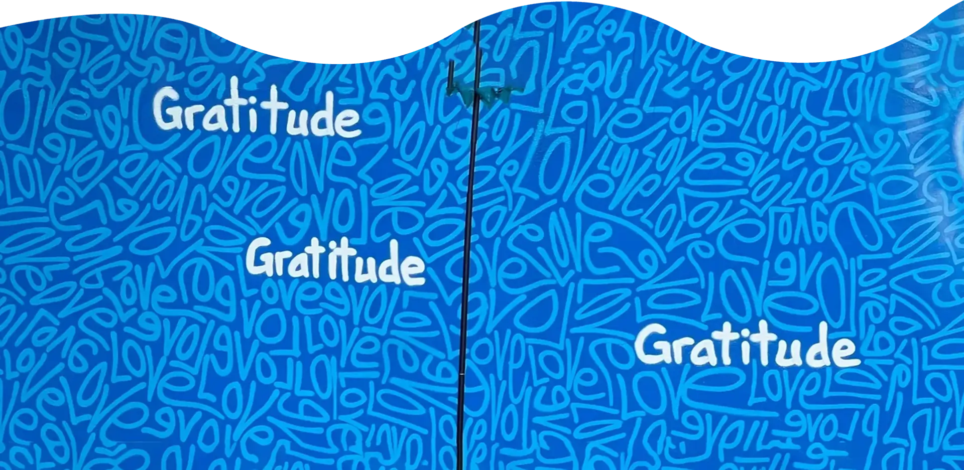 A blue wall with the word gratitude written on it.